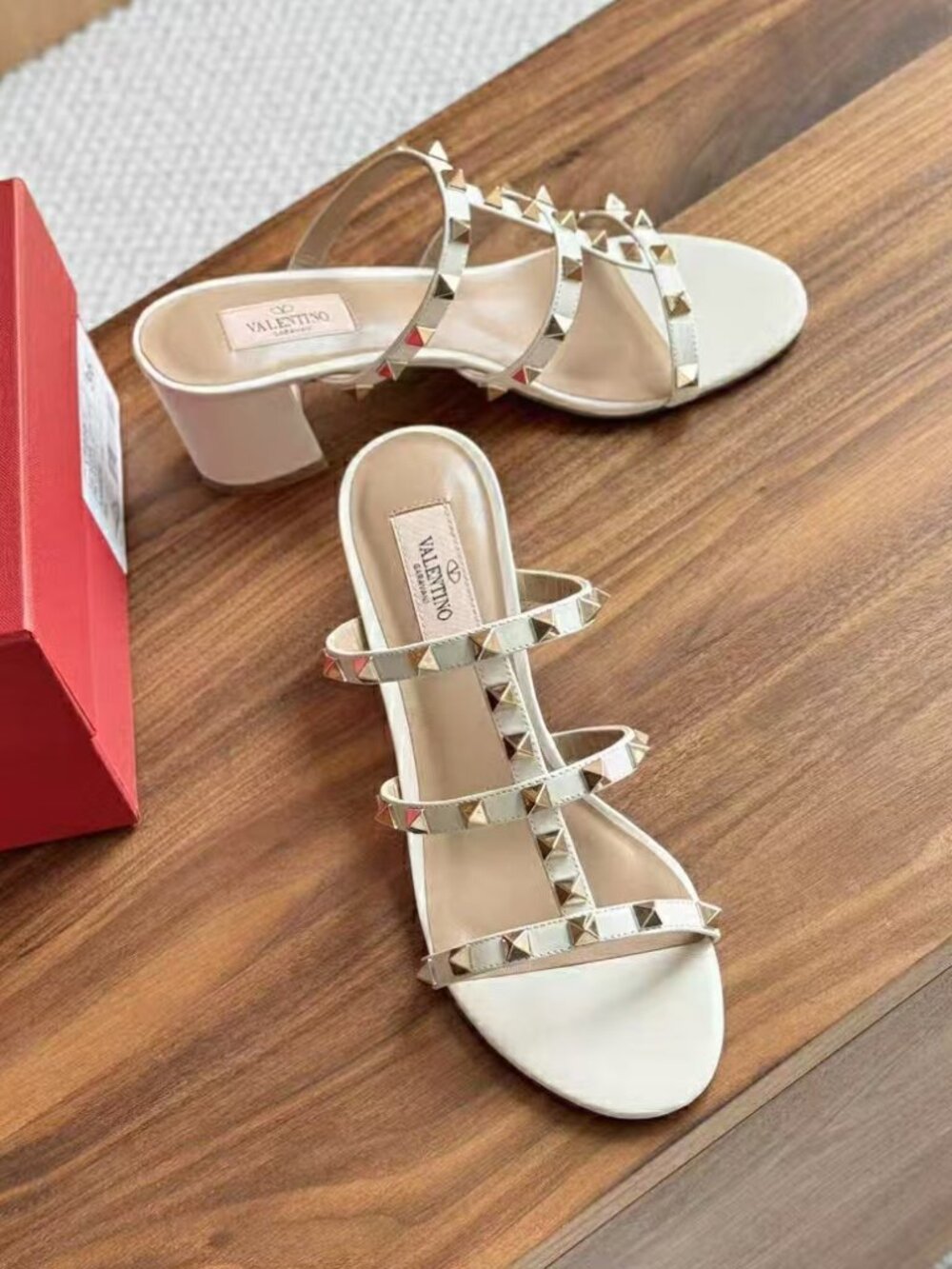Valentino White Leather Rockstud Slide Block Heel Sandals